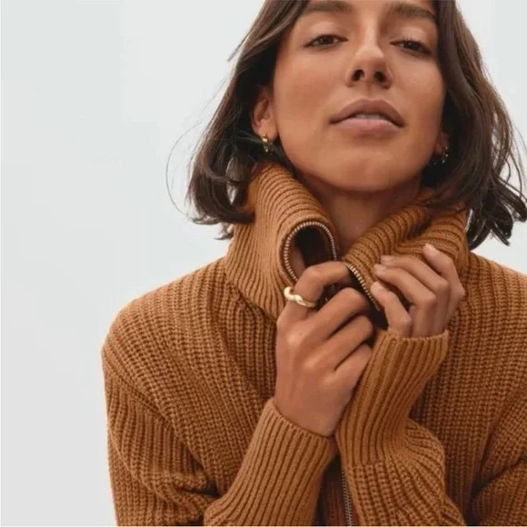 Everlane The Chunky Knit Zip Cardigan Zip Sweater Size Small NWT Toasted Almond - Picture 3 of 5